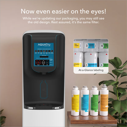 Infographic displaying an AquaTru water purifier system alongside its color-coded replacement filter cartridges. Text at the top notes a packaging update with the phrase "Now even easier on the eyes!". Four individual filter cartridges with yellow, blue, green, and orange labels stand on a small wooden table next to a preview of the unit's internal "At-a-Glance labeling" compartment.